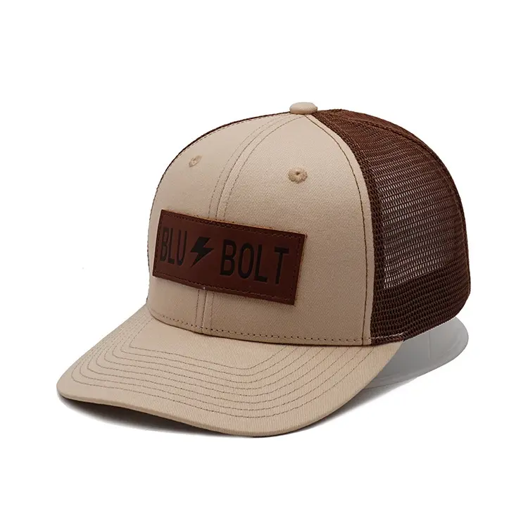 Custom Leather Patch Logo High Grade Mesh Trucker Cap 6-Panel Curved Brim High Quality Brown Color Medium Profile Trucker Hat 2
