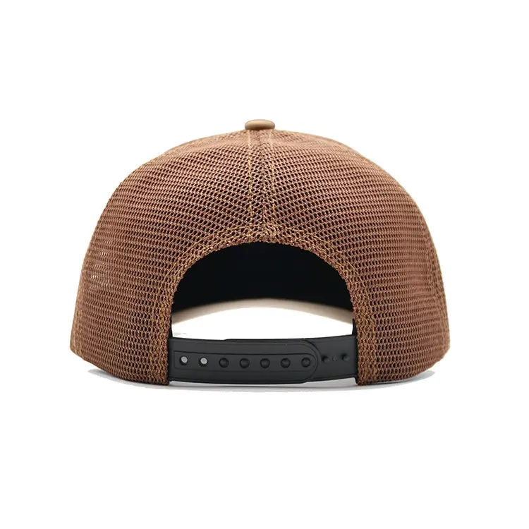 Custom Leather Patch Logo High Grade Mesh Trucker Cap 6-Panel Curved Brim High Quality Brown Color Medium Profile Trucker Hat 4