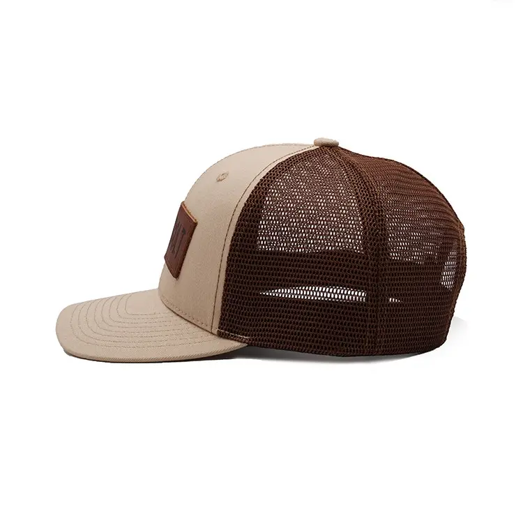 Custom Leather Patch Logo High Grade Mesh Trucker Cap 6-Panel Curved Brim High Quality Brown Color Medium Profile Trucker Hat 3