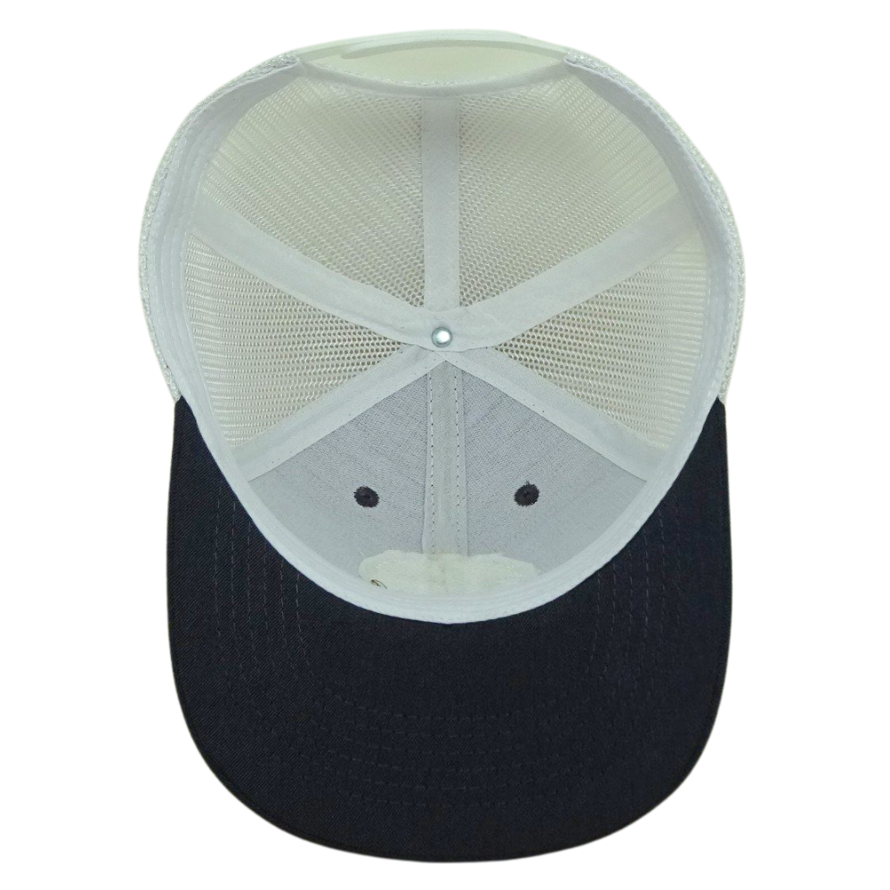 Custom Leather Patch Logo Trucker Hat Flat Brim Structured 6 Panel Back White Mesh Single Breasted Buckle for Brand Promotions 6