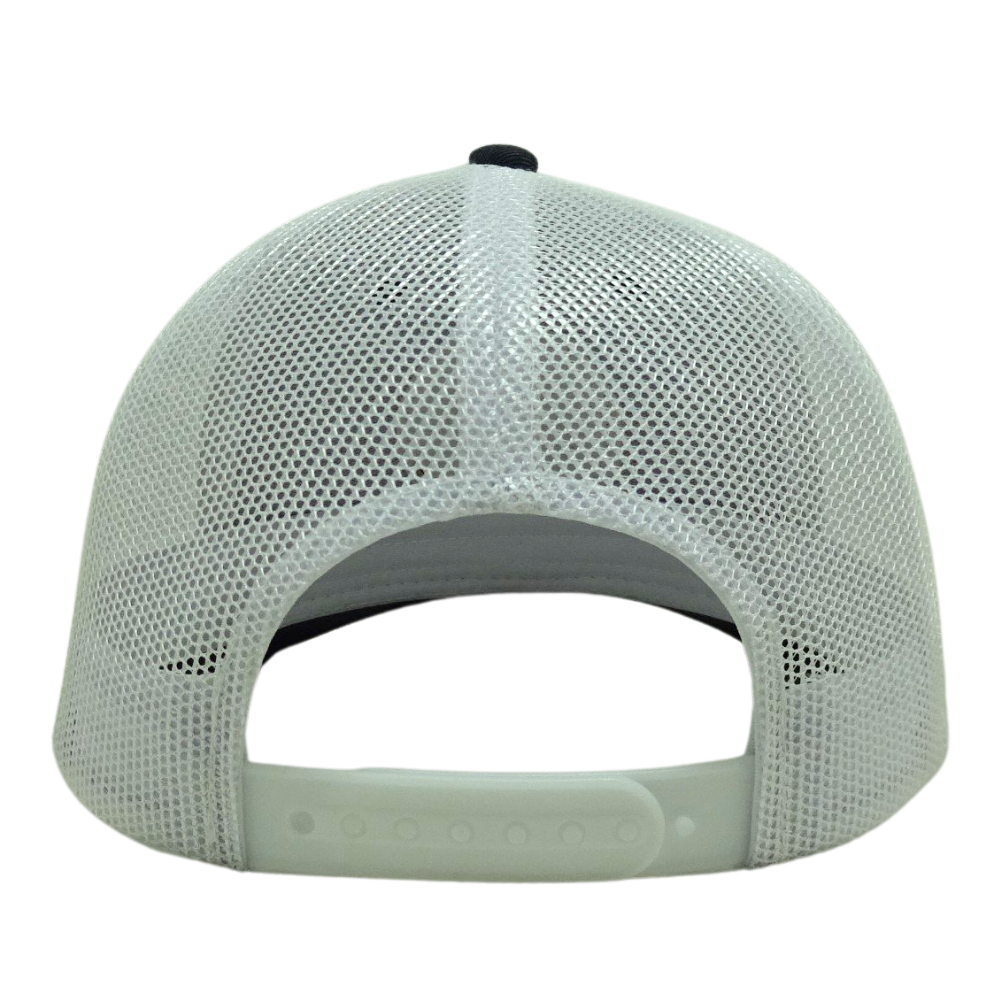 Custom Leather Patch Logo Trucker Hat Flat Brim Structured 6 Panel Back White Mesh Single Breasted Buckle for Brand Promotions 7