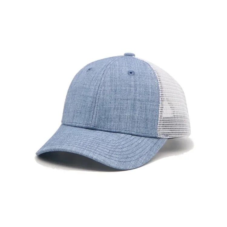 Custom Logo 6-Panel Curved Brim High Quality Blue Color Medium Profile Mesh Back Hat 6 Eyelets Unisex Trucker Hat 2