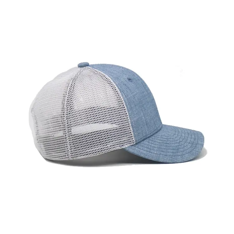 Custom Logo 6-Panel Curved Brim High Quality Blue Color Medium Profile Mesh Back Hat 6 Eyelets Unisex Trucker Hat 4