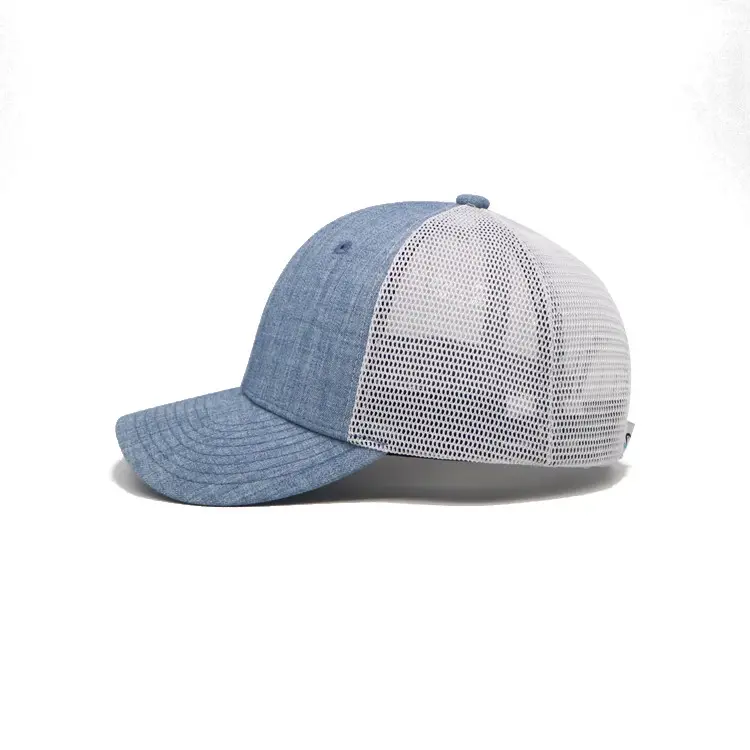 Custom Logo 6-Panel Curved Brim High Quality Blue Color Medium Profile Mesh Back Hat 6 Eyelets Unisex Trucker Hat 3
