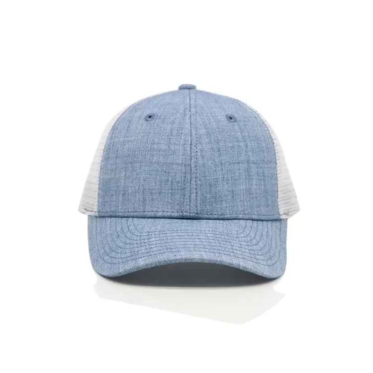 Custom Logo 6-Panel Curved Brim High Quality Blue Color Medium Profile Mesh Back Hat 6 Eyelets Unisex Trucker Hat 1