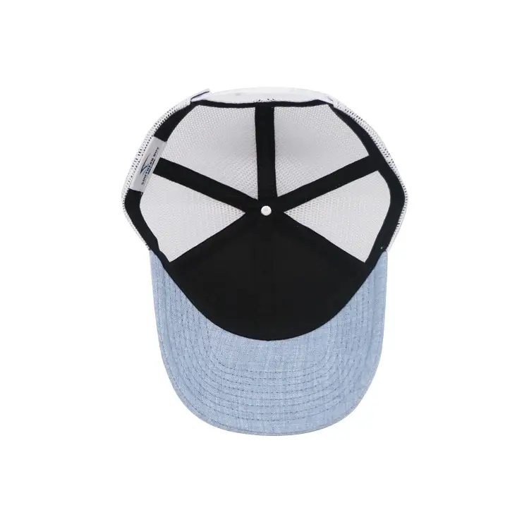 Custom Logo 6-Panel Curved Brim High Quality Blue Color Medium Profile Mesh Back Hat 6 Eyelets Unisex Trucker Hat 6