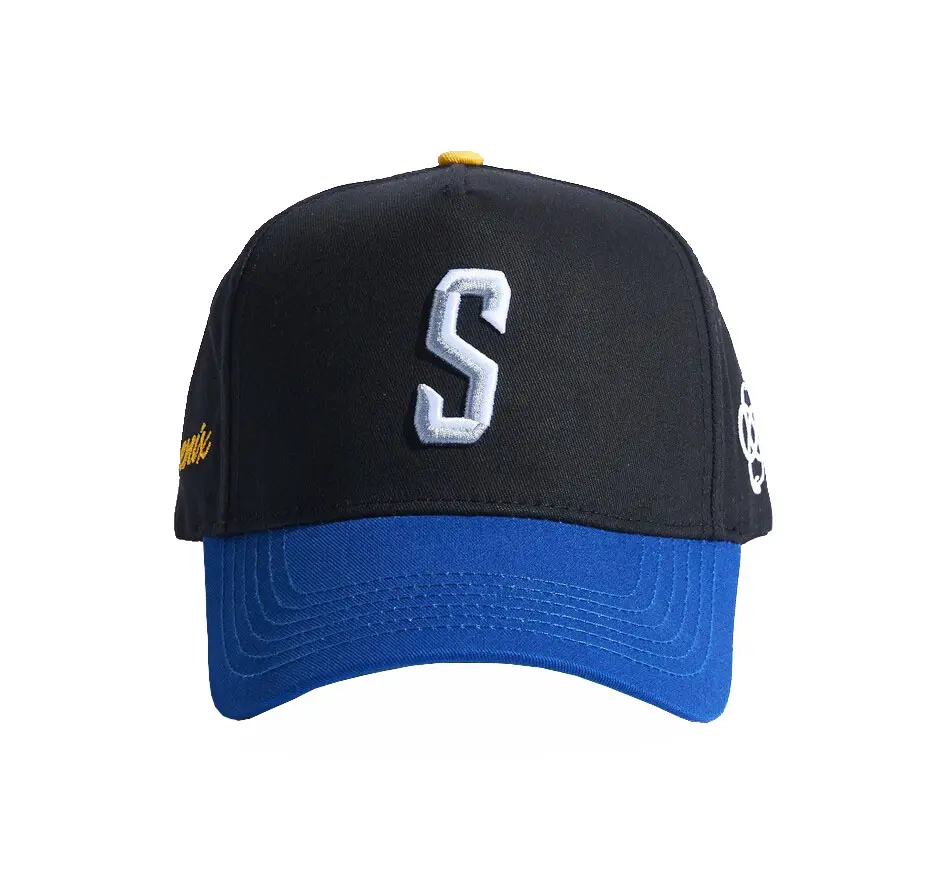 Custom Logo Baseball Cap High Quality 3D Embroidery 5-Panel Curved Brim Black/Blue Color Medium Profile Cotton Baseball Cap