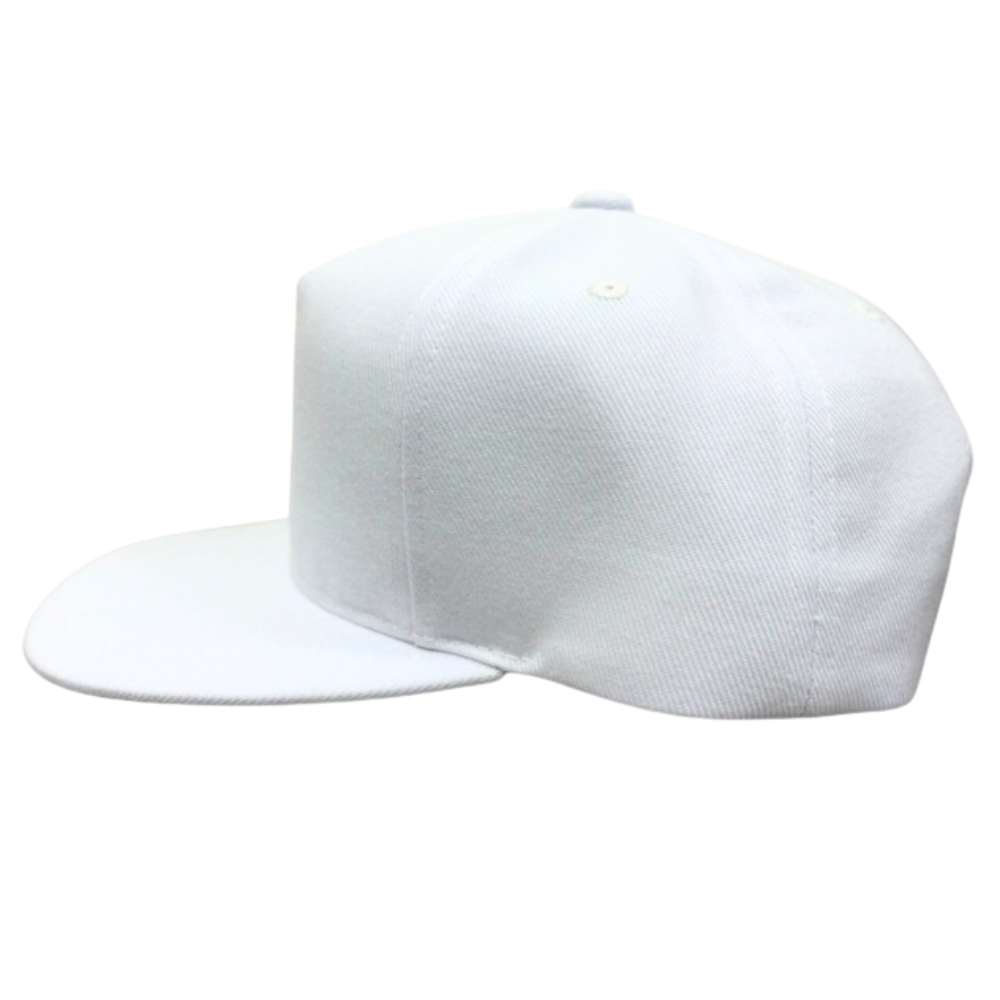 Custom Logo White Y 6007 5 Panel Snapback Hat Embroidered Logo Patch on Front Side Flat Brim Plastic Single Row Buckle Snapback 4