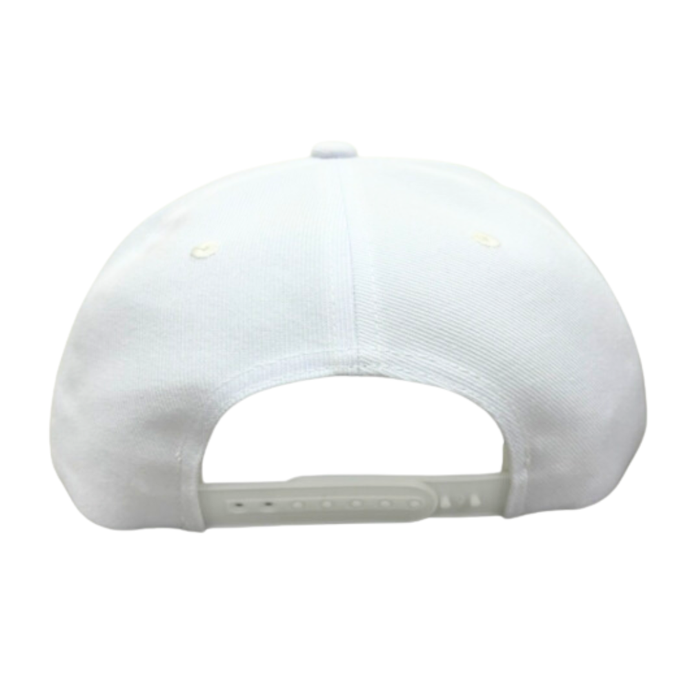 Custom Logo White Y 6007 5 Panel Snapback Hat Embroidered Logo Patch on Front Side Flat Brim Plastic Single Row Buckle Snapback 6