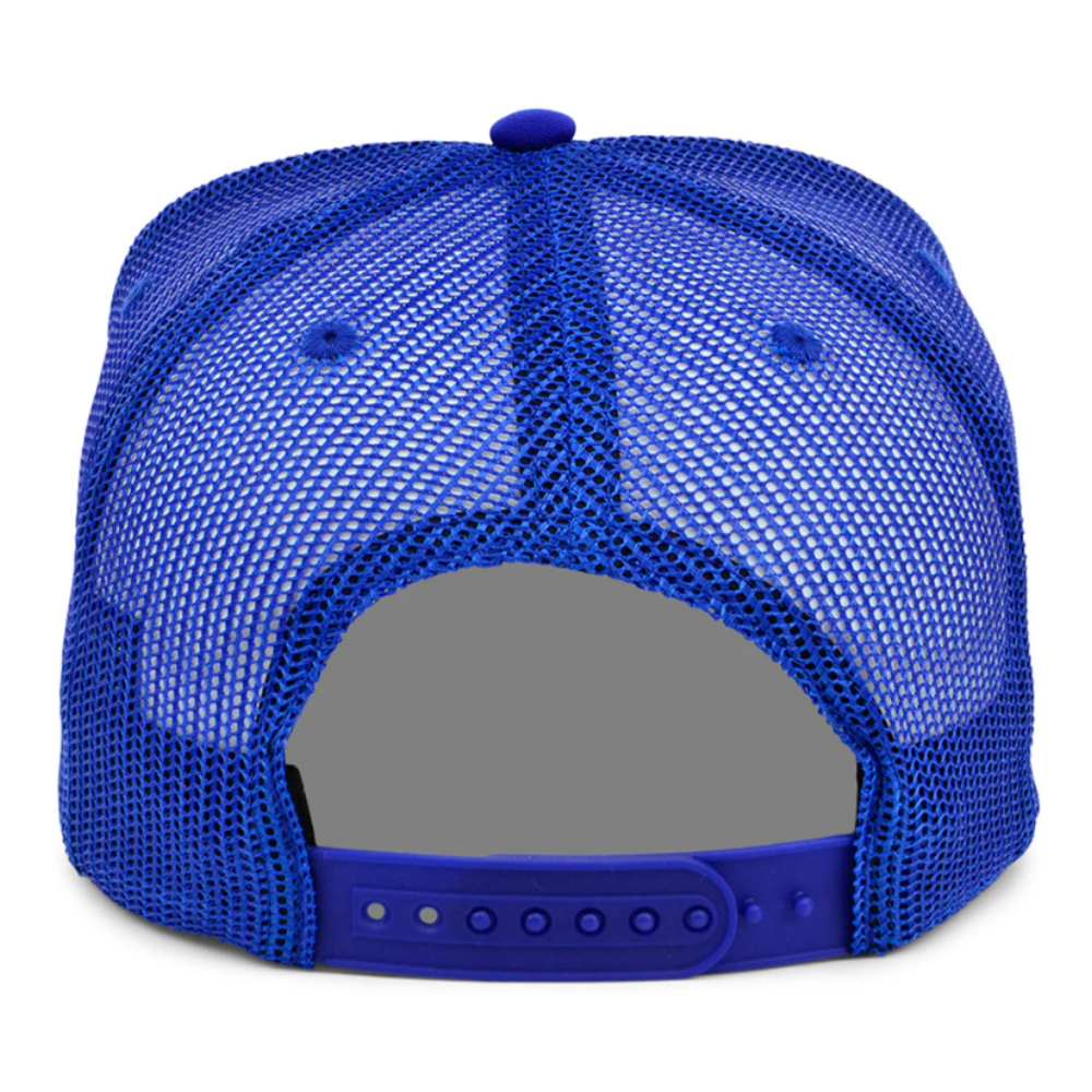 Custom Printed Foam Trucker Hat 5 Panel Mallard White/Blue Contrast Color Breathable Mesh Adjustable Plastic Single Row Buckle 5