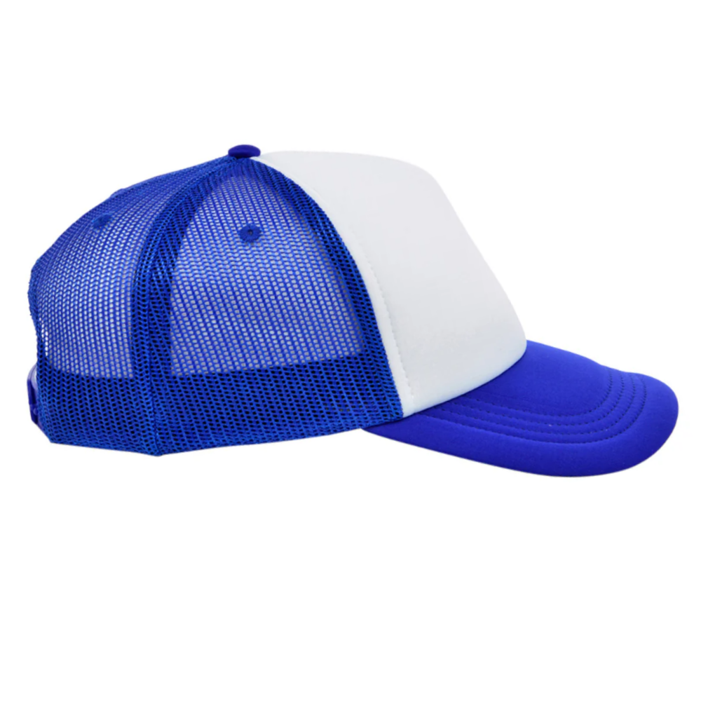 Custom Printed Foam Trucker Hat 5 Panel Mallard White/Blue Contrast Color Breathable Mesh Adjustable Plastic Single Row Buckle 4