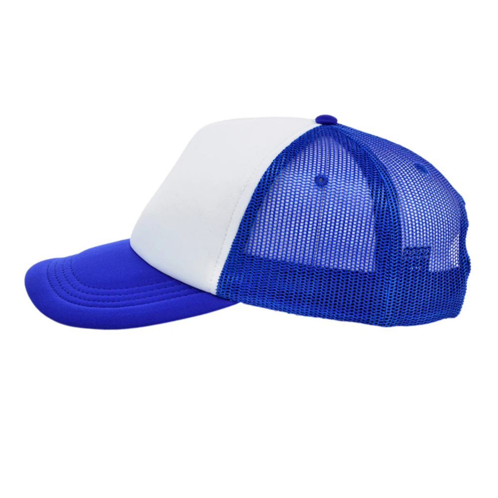 Custom Printed Foam Trucker Hat 5 Panel Mallard White/Blue Contrast Color Breathable Mesh Adjustable Plastic Single Row Buckle 3
