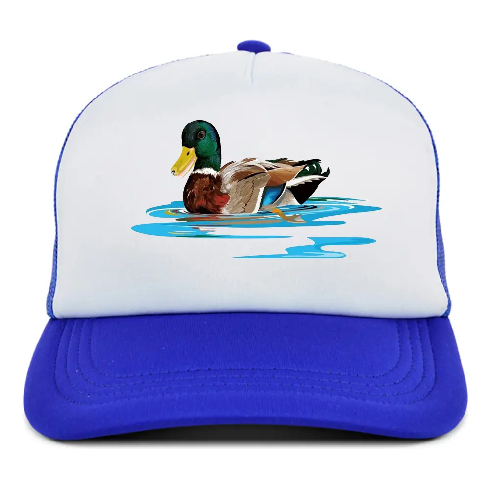 Custom Printed Foam Trucker Hat 5 Panel Mallard White/Blue Contrast Color Breathable Mesh Adjustable Plastic Single Row Buckle 2