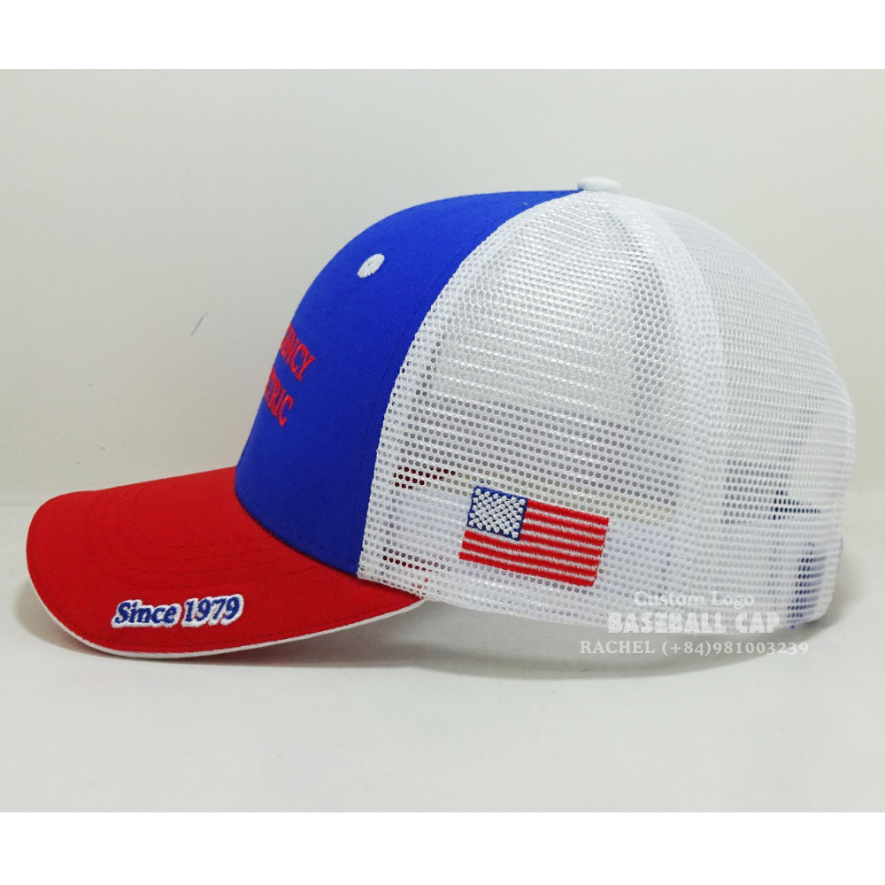 Custom Sandwich Brim Embroidered Baseball Trucker Hats 6 Panel American Flag Logo Brim Printed Adjustable Velcro Magic Sticker 3