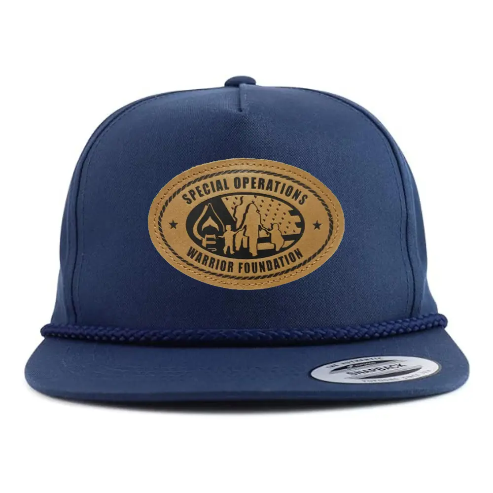 Custom Snapback 5 Panel Leather Logo Patch Navy Blue White Sticker and Rope on Brim Single Row Buckle Snapback Solid Color OEM 1
