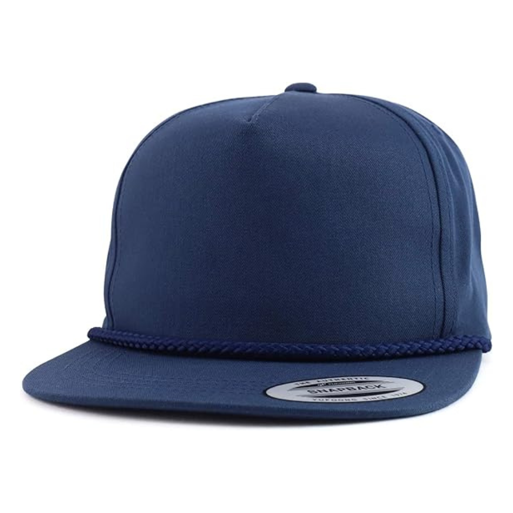 Custom Snapback 5 Panel Leather Logo Patch Navy Blue White Sticker and Rope on Brim Single Row Buckle Snapback Solid Color OEM 2