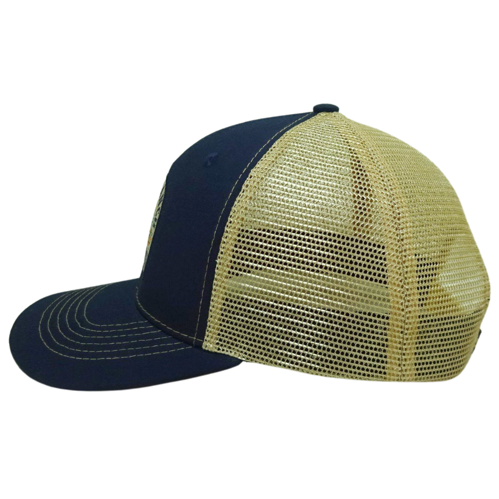 Custom Trucker Hat 6 Panel Embroidery Woven Patch Navy Blue Yellow Mesh Printed Seam Tapes Single Plastic Breasted Buckle Unisex 4