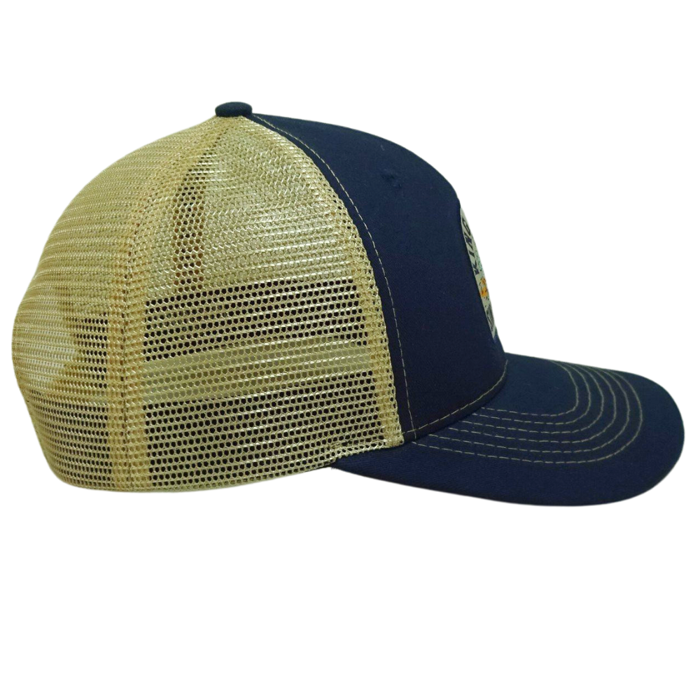 Custom Trucker Hat 6 Panel Embroidery Woven Patch Navy Blue Yellow Mesh Printed Seam Tapes Single Plastic Breasted Buckle Unisex 5