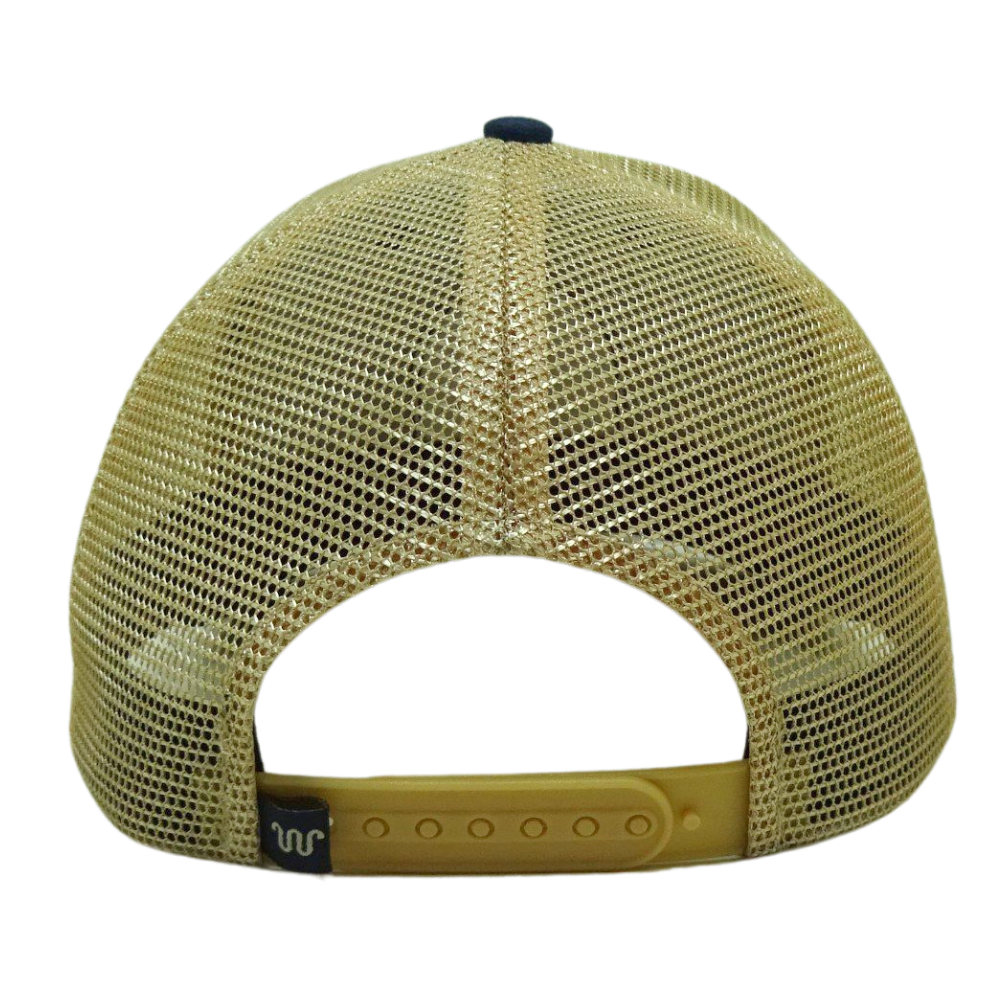 Custom Trucker Hat 6 Panel Embroidery Woven Patch Navy Blue Yellow Mesh Printed Seam Tapes Single Plastic Breasted Buckle Unisex 7