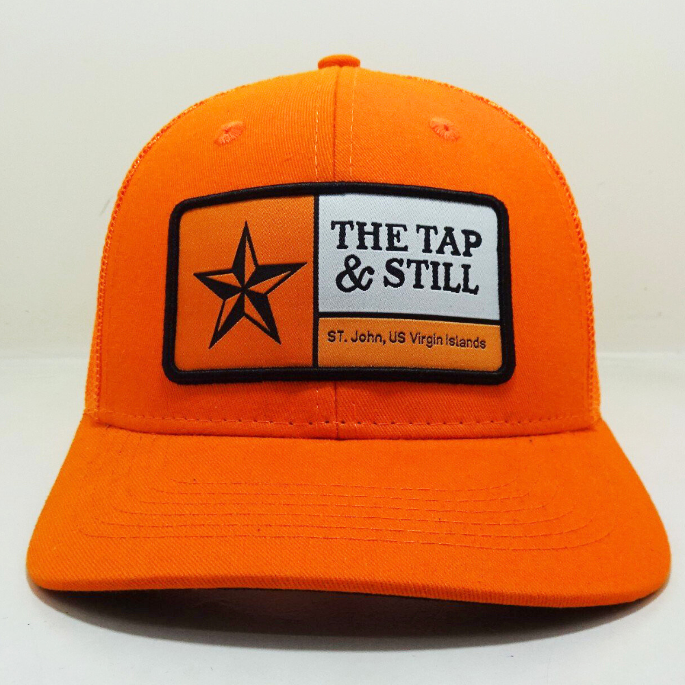 Custom Under Brim Orange Trucker Hats 6 Panel Woven Logo Patches Curved Visor Structured Caps Breathable Adjustable Snapback OEM 1