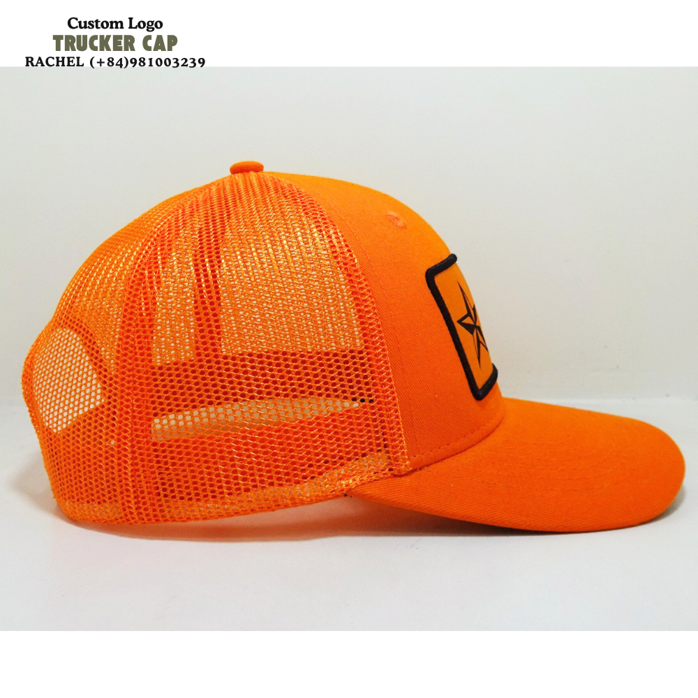 Custom Under Brim Orange Trucker Hats 6 Panel Woven Logo Patches Curved Visor Structured Caps Breathable Adjustable Snapback OEM 4