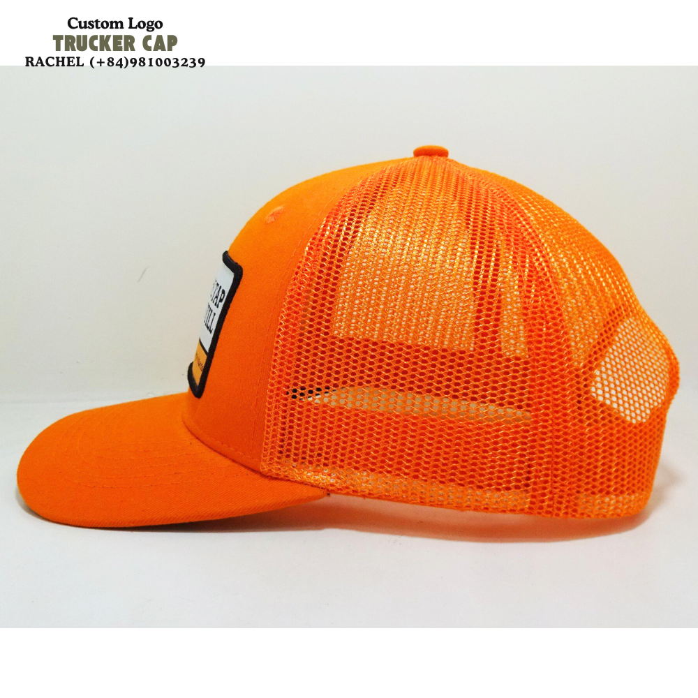 Custom Under Brim Orange Trucker Hats 6 Panel Woven Logo Patches Curved Visor Structured Caps Breathable Adjustable Snapback OEM 3