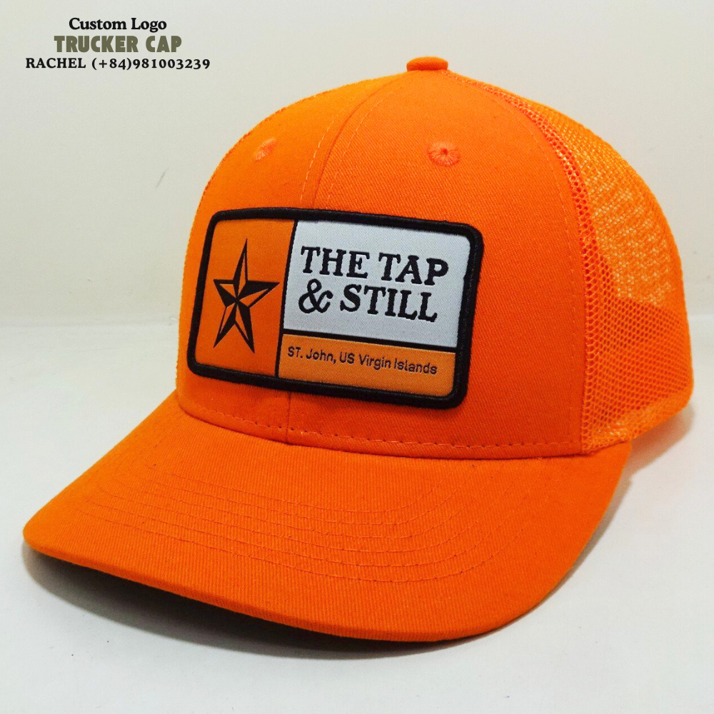 Custom Under Brim Orange Trucker Hats 6 Panel Woven Logo Patches Curved Visor Structured Caps Breathable Adjustable Snapback OEM 2