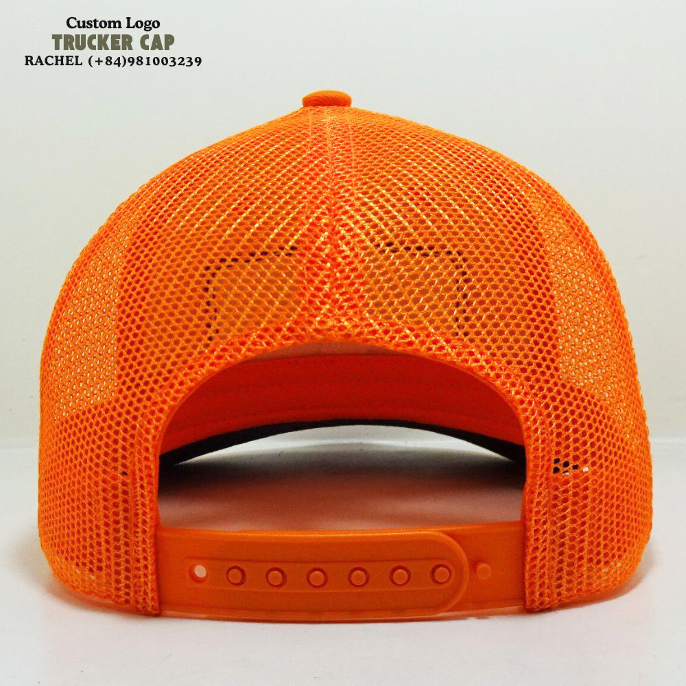 Custom Under Brim Orange Trucker Hats 6 Panel Woven Logo Patches Curved Visor Structured Caps Breathable Adjustable Snapback OEM 6