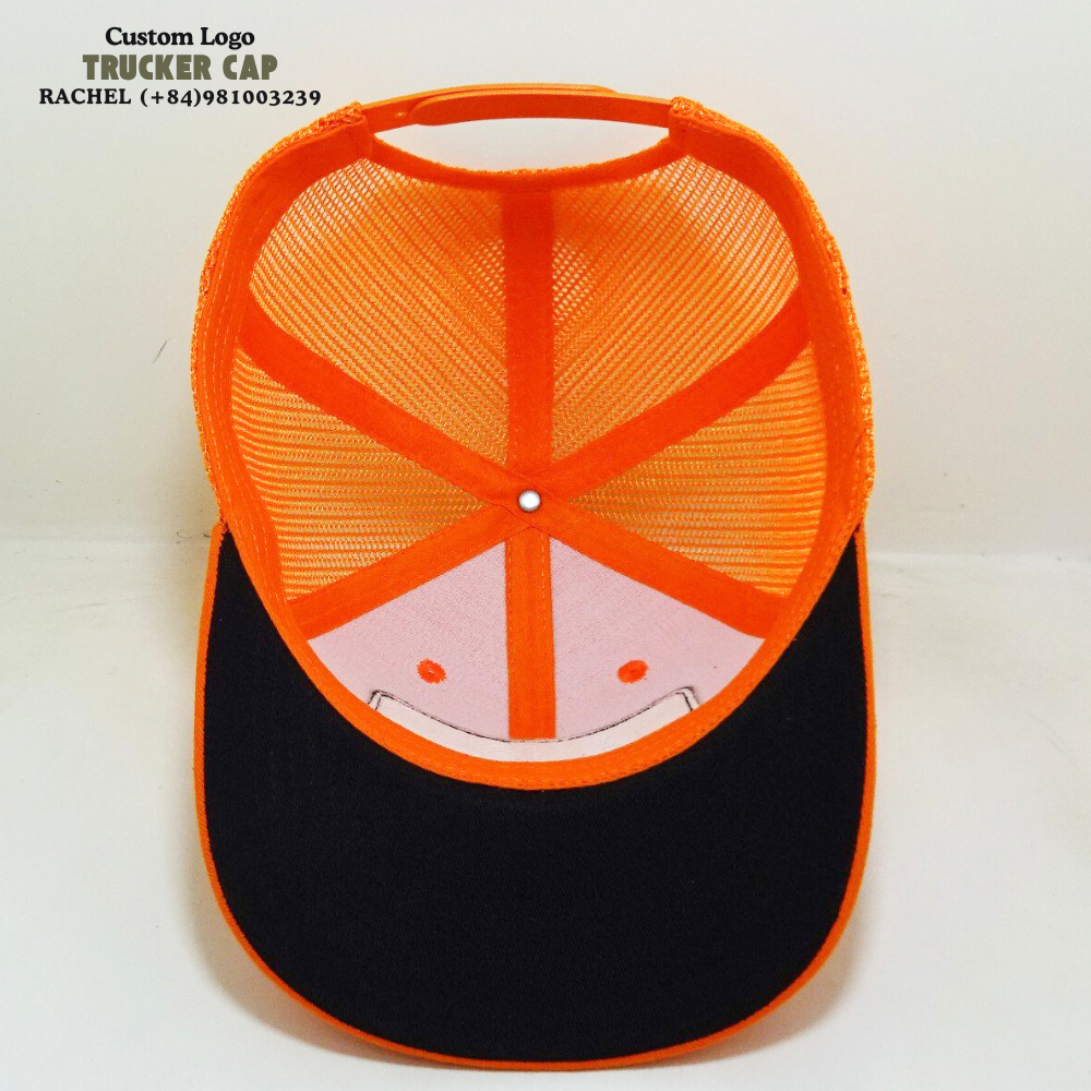 Custom Under Brim Orange Trucker Hats 6 Panel Woven Logo Patches Curved Visor Structured Caps Breathable Adjustable Snapback OEM 5