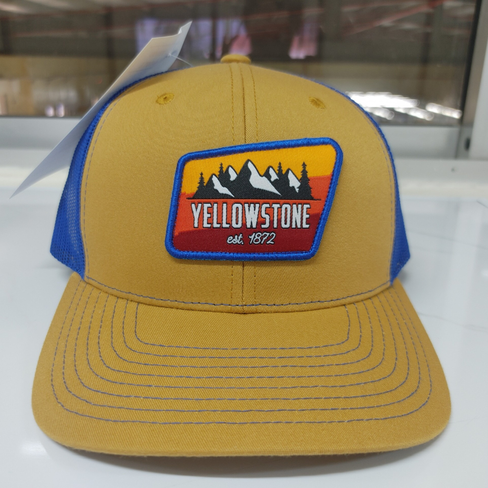 Custom Woven Logo Patch Ri 112 Trucker Hat 6 Panel Yellow Blue Mesh Single Breasted Buckle 2 Eyelet Structured Cap for Brand 3