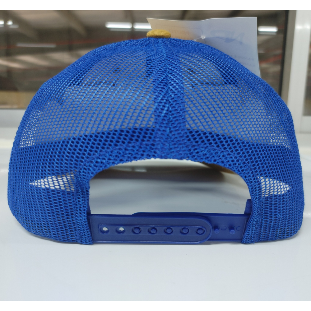 Custom Woven Logo Patch Ri 112 Trucker Hat 6 Panel Yellow Blue Mesh Single Breasted Buckle 2 Eyelet Structured Cap for Brand 6