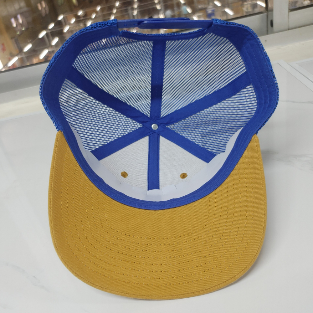 Custom Woven Logo Patch Ri 112 Trucker Hat 6 Panel Yellow Blue Mesh Single Breasted Buckle 2 Eyelet Structured Cap for Brand 5