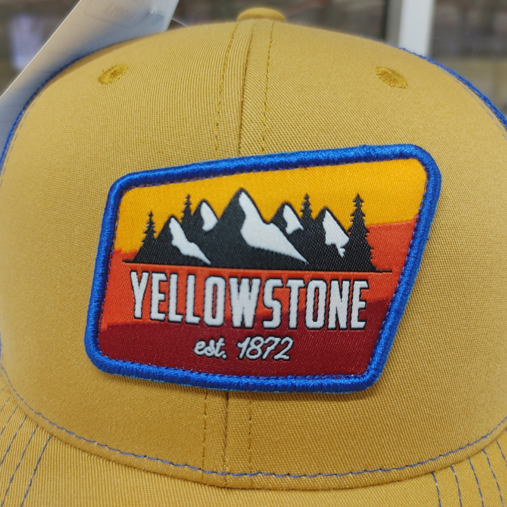 Custom Woven Logo Patch Ri 112 Trucker Hat 6 Panel Yellow Blue Mesh Single Breasted Buckle 2 Eyelet Structured Cap for Brand 4
