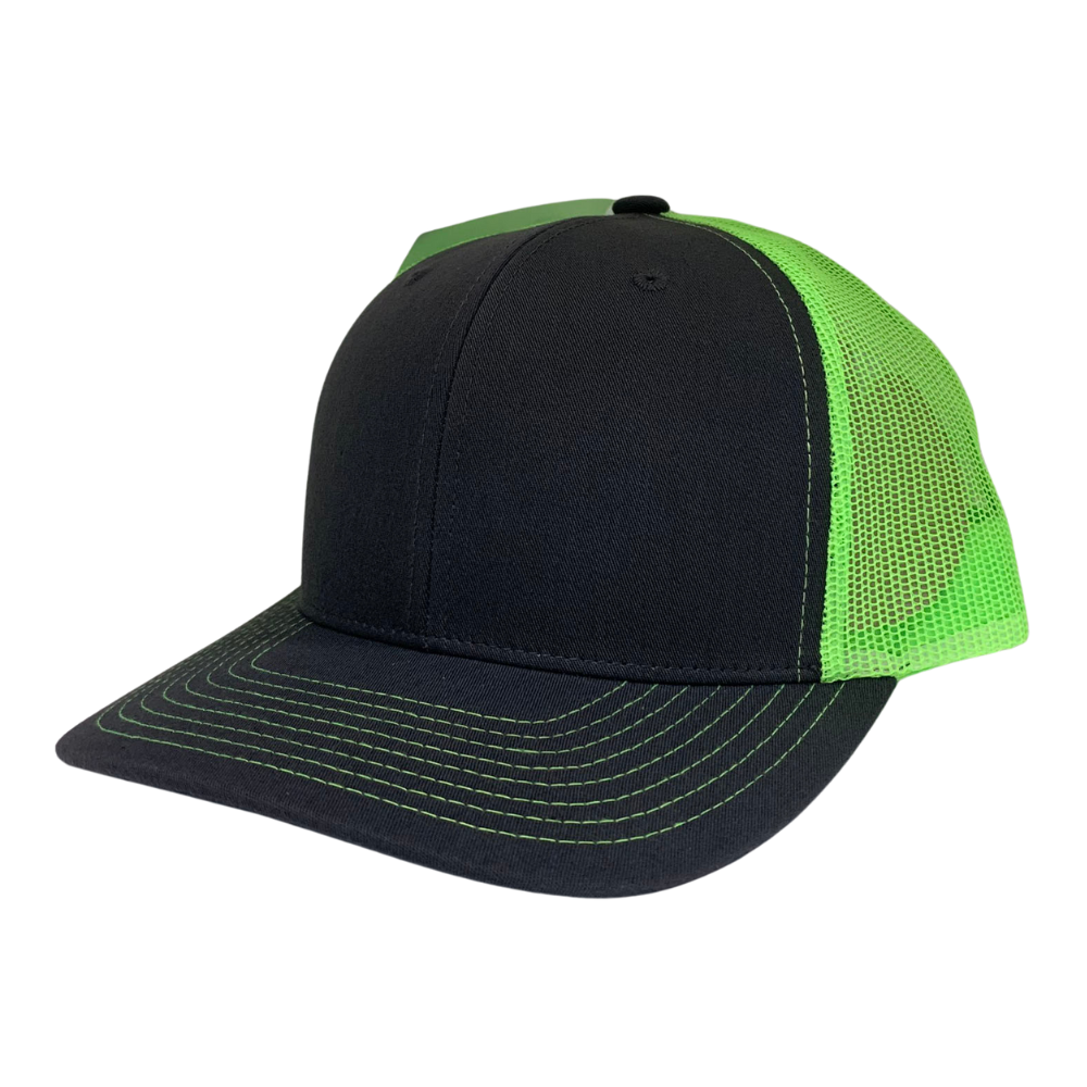 Embroidered Logo Patch 6 Panel Trucker Hats Neon Green Black Breathable Mesh Adjustable Single Row Buckle Structured Caps Unisex 4