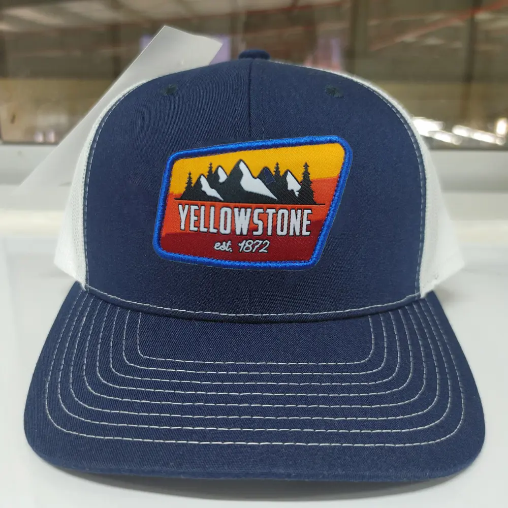 Embroidered R 112 Trucker Hats 6 Panel Structured Caps Contrast Stitching Lines on Brim Woven Patches Snapback Closure 2