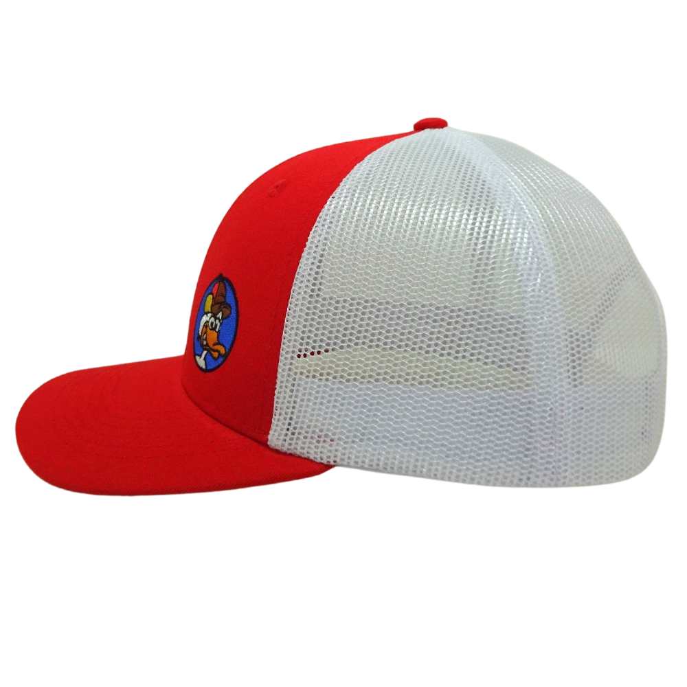 Embroidered Red Trucker Hat 6 Panel Cartoon Pattern Structured Cap White Mesh Plastic Single Breasted Buckle High Quality Unisex 4