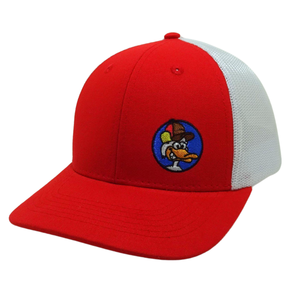 Embroidered Red Trucker Hat 6 Panel Cartoon Pattern Structured Cap White Mesh Plastic Single Breasted Buckle High Quality Unisex 3