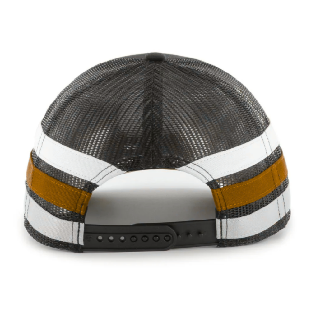 Embroidered Side Stripes Trucker Hats 6 Panel Structured Adjustable Plastic Single Row Buckle Snapback Closure Breathable Mesh 6