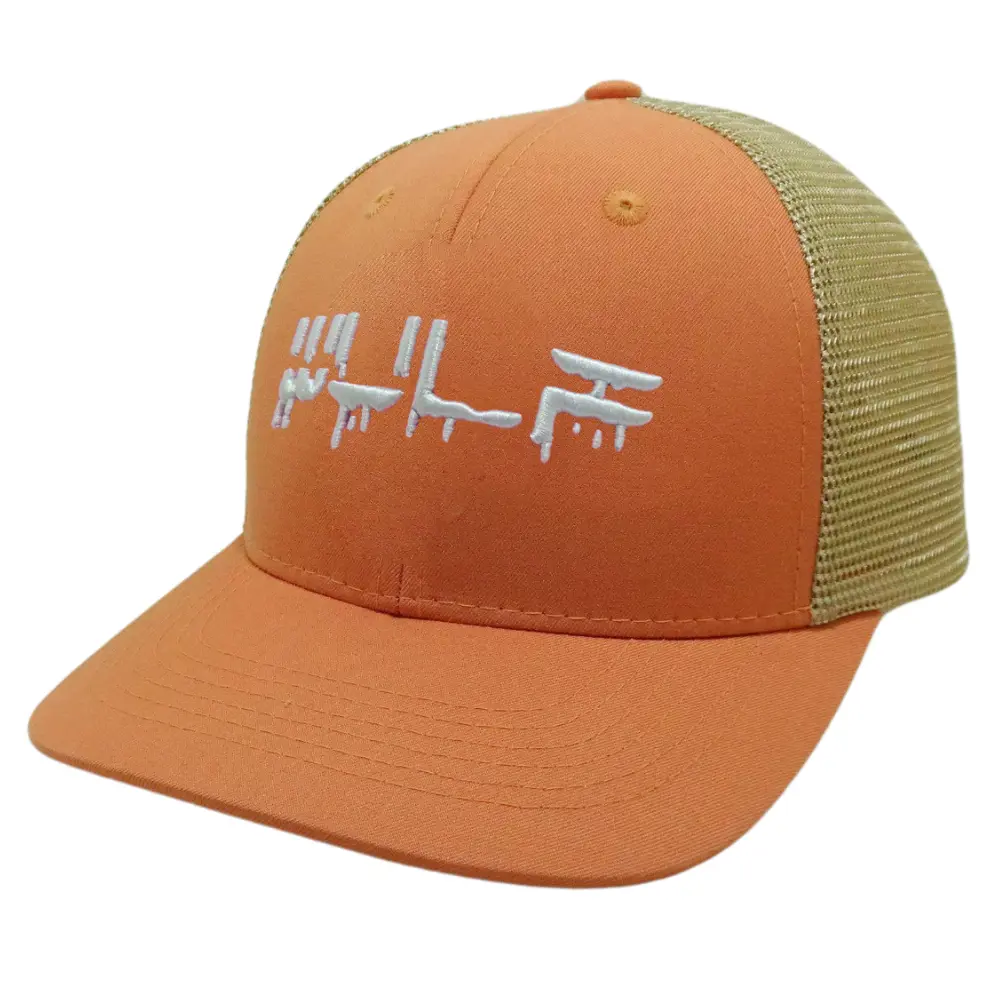 Embroidered Trucker Hats 6 Panels Structured Caps Orange Slightly Curved Brim Custom Label on Sweatband Single Snapback Closure 3