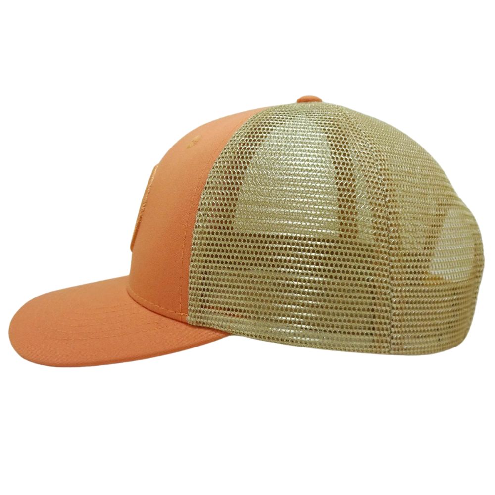 Embroidered Trucker Hats 6 Panels Structured Caps Orange Slightly Curved Brim Custom Label on Sweatband Single Snapback Closure 4