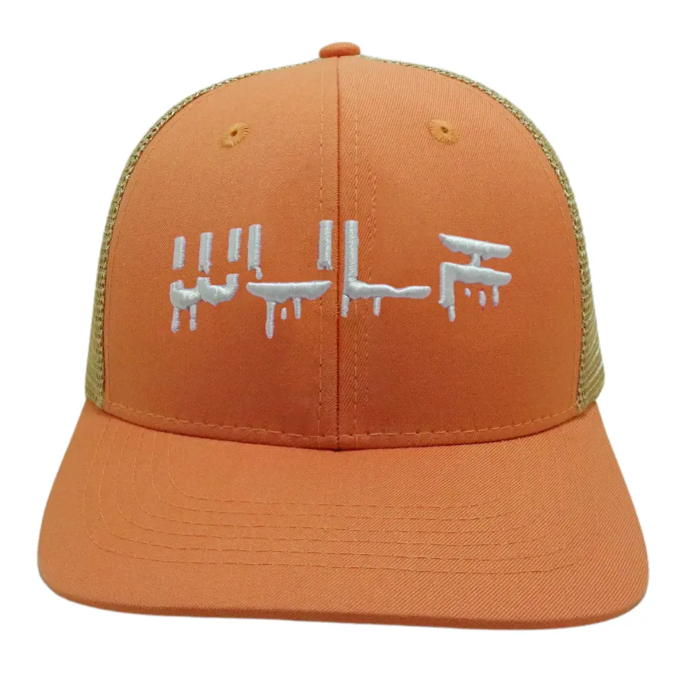 Embroidered Trucker Hats 6 Panels Structured Caps Orange Slightly Curved Brim Custom Label on Sweatband Single Snapback Closure 2