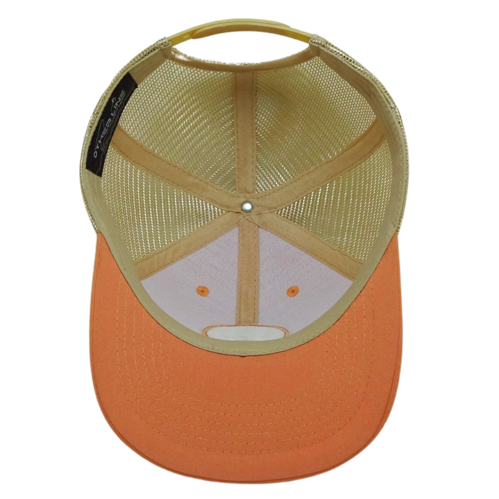Embroidered Trucker Hats 6 Panels Structured Caps Orange Slightly Curved Brim Custom Label on Sweatband Single Snapback Closure 6