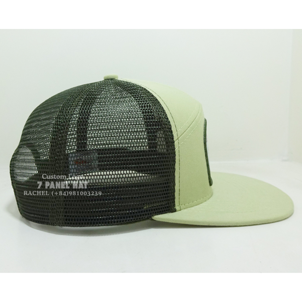 Embroidered/Woven Patch 7 Panel Trucker Hats Flat Bill Custom Private Label On Sweatband Adjustable Snapback Closure Vietnam OEM 5