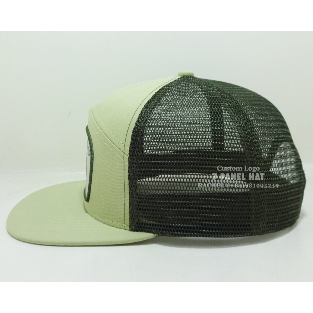 Embroidered/Woven Patch 7 Panel Trucker Hats Flat Bill Custom Private Label On Sweatband Adjustable Snapback Closure Vietnam OEM 4
