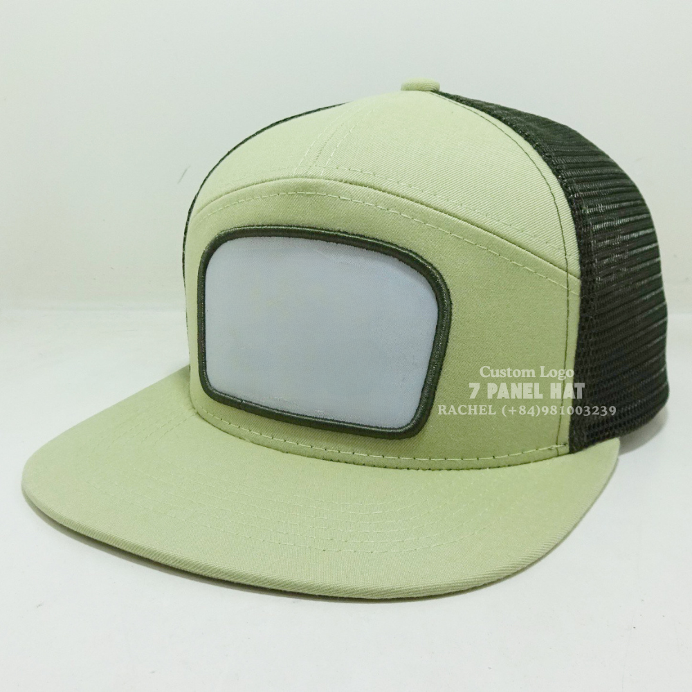 Embroidered/Woven Patch 7 Panel Trucker Hats Flat Bill Custom Private Label On Sweatband Adjustable Snapback Closure Vietnam OEM 3