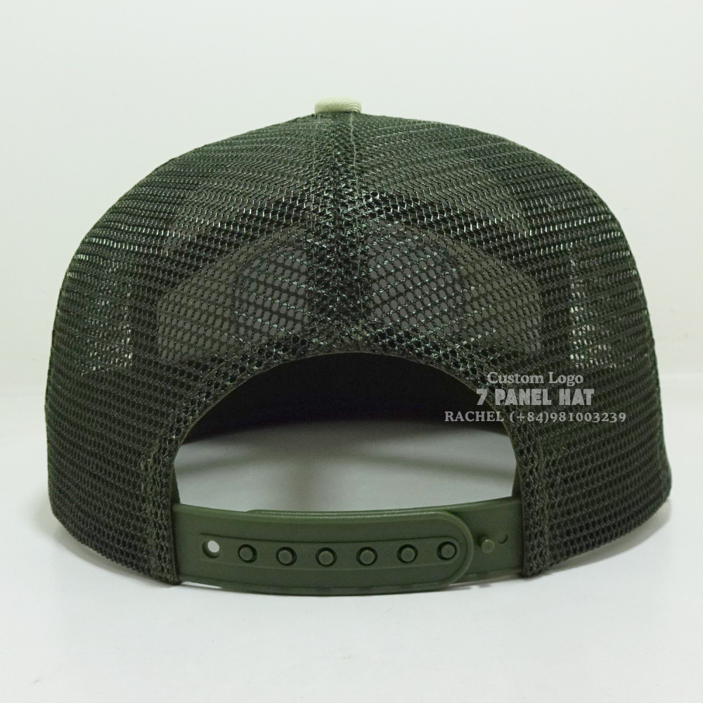 Embroidered/Woven Patch 7 Panel Trucker Hats Flat Bill Custom Private Label On Sweatband Adjustable Snapback Closure Vietnam OEM 7
