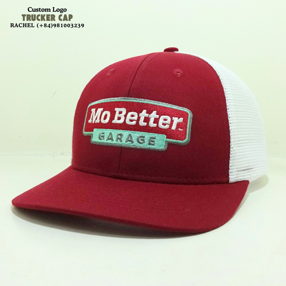Embroidered/Woven Patch Trucker Hat 6 Panels Curved Brim Red/White Structured Gorras Caps Slightly Curved Brim Snapback Closure 2