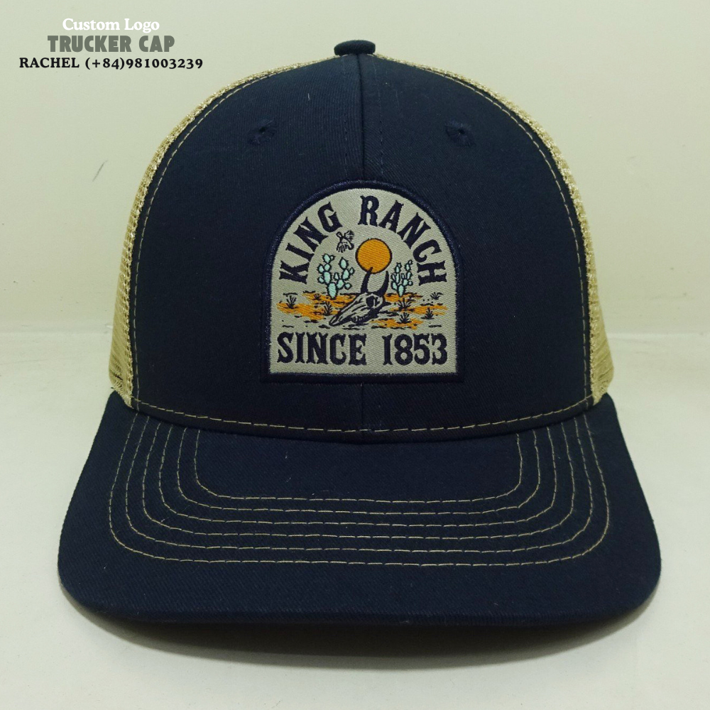 Embroidered/Woven Patch Trucker Hats 6 Panel R 112 Curved Brim Contrast Stitching Line Structured Inner Tapes Label On Sweatbamd 2