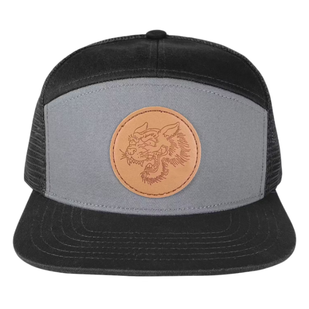 Engraved Leather Patch Hat 7 Panel Gorras Breathable Mesh Adjustable Plastic Single Row Buckle Snapback Flat Brim Wholesale OEM 2