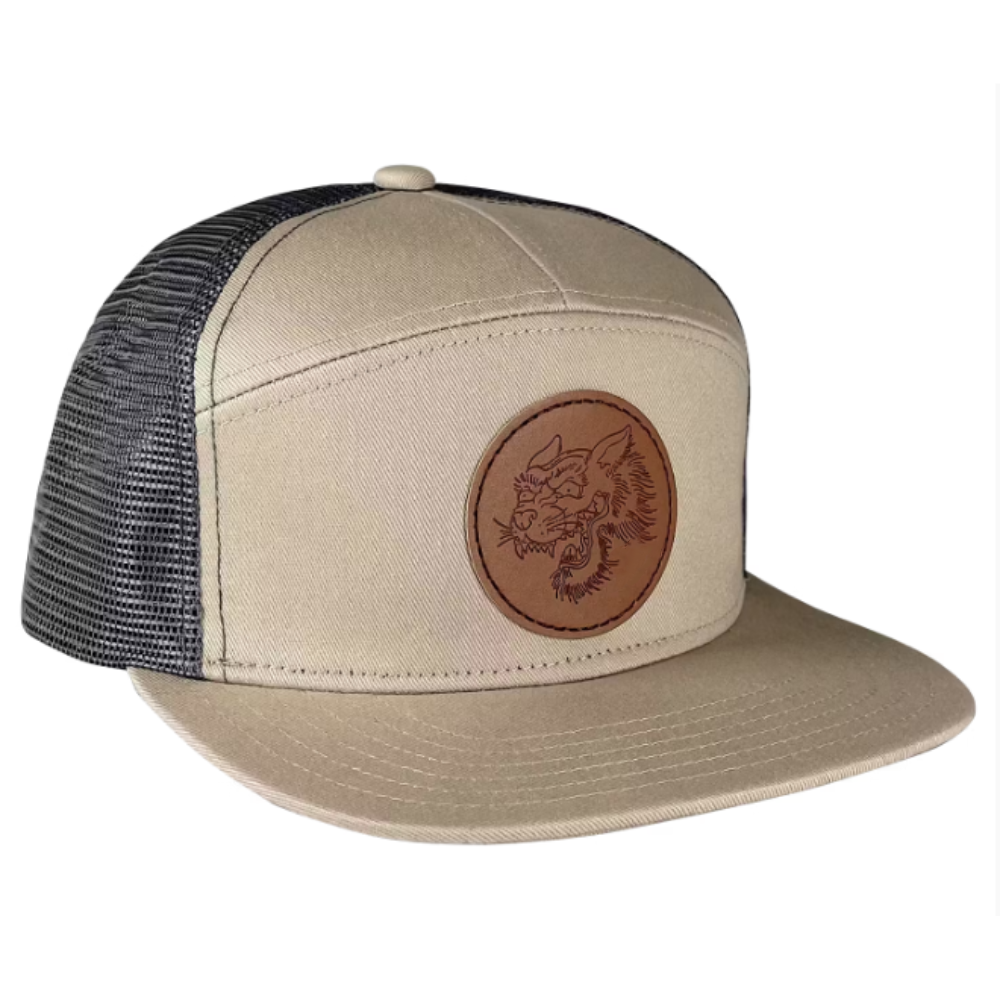 Engraved Leather Patch Hat 7 Panel Gorras Breathable Mesh Adjustable Plastic Single Row Buckle Snapback Flat Brim Wholesale OEM 6
